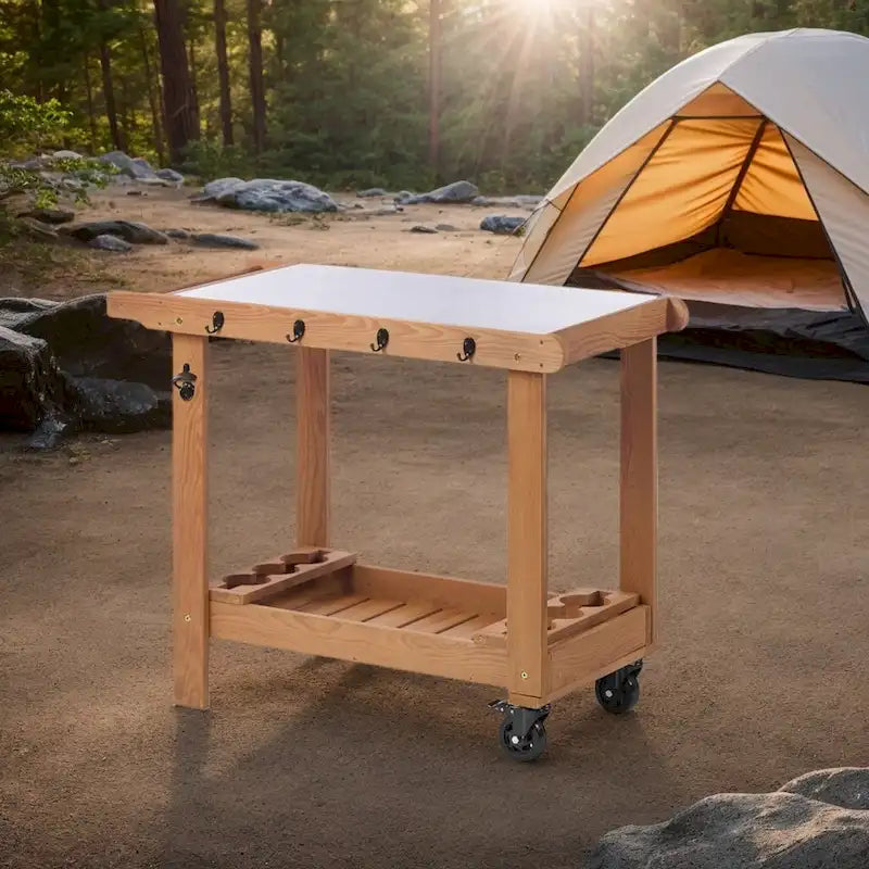 Outdoor Wooden Grill Cart Table with Wheels