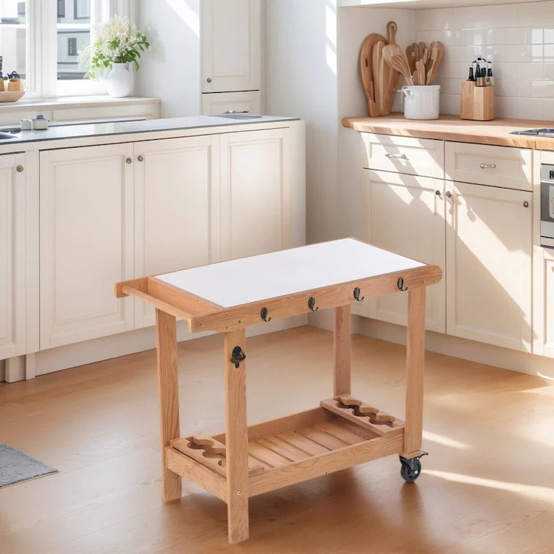 Outdoor Wooden Grill Cart Table with Wheels