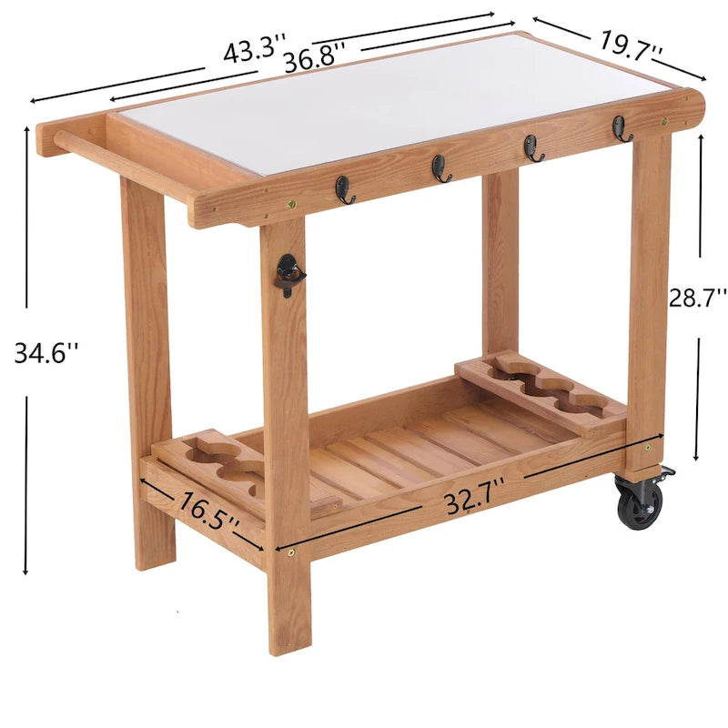 Outdoor Wooden Grill Cart Table with Wheels