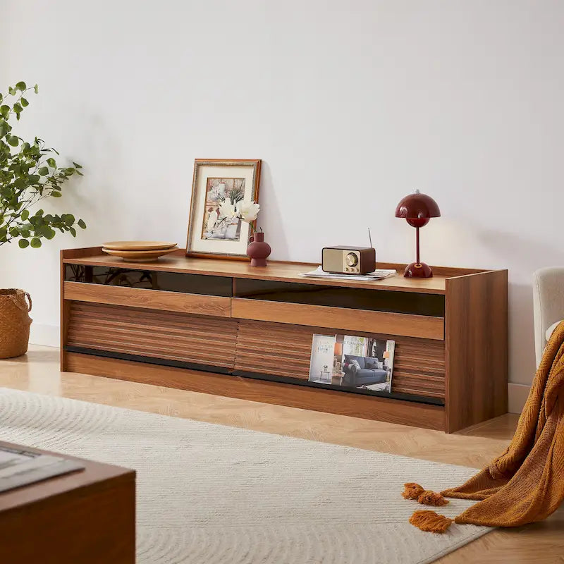Modern TV Stand with Drawers Design and Built-in Charging Ports and Ambient LED Lighting