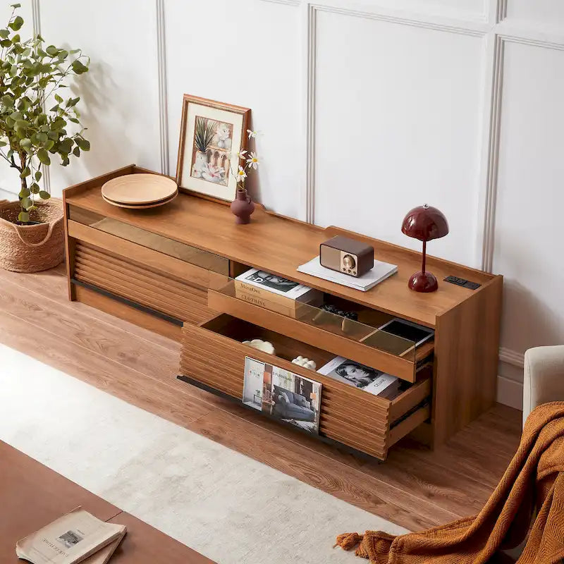Modern TV Stand with Drawers Design and Built-in Charging Ports and Ambient LED Lighting