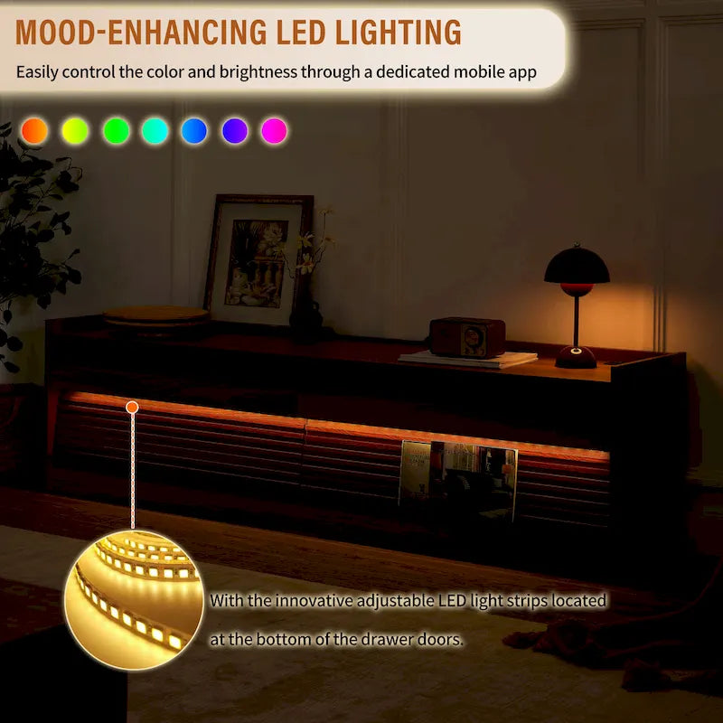 Modern TV Stand with Drawers Design and Built-in Charging Ports and Ambient LED Lighting