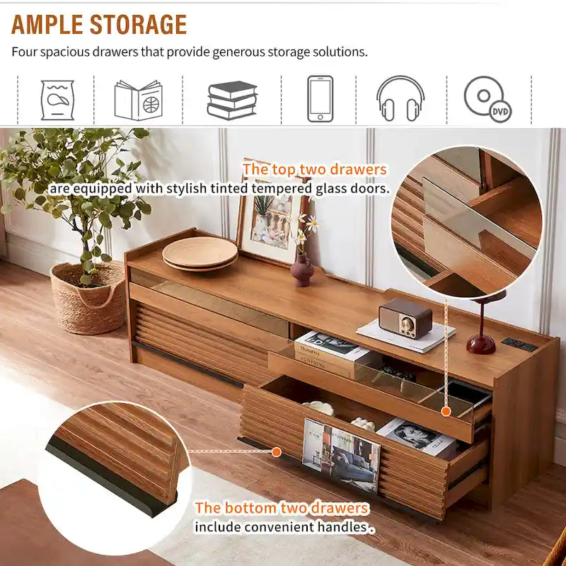 Modern TV Stand with Drawers Design and Built-in Charging Ports and Ambient LED Lighting
