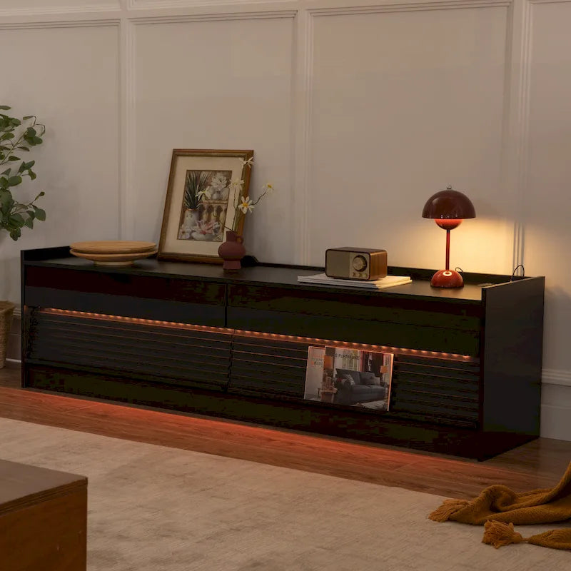 Modern TV Stand with Drawers Design and Built-in Charging Ports and Ambient LED Lighting