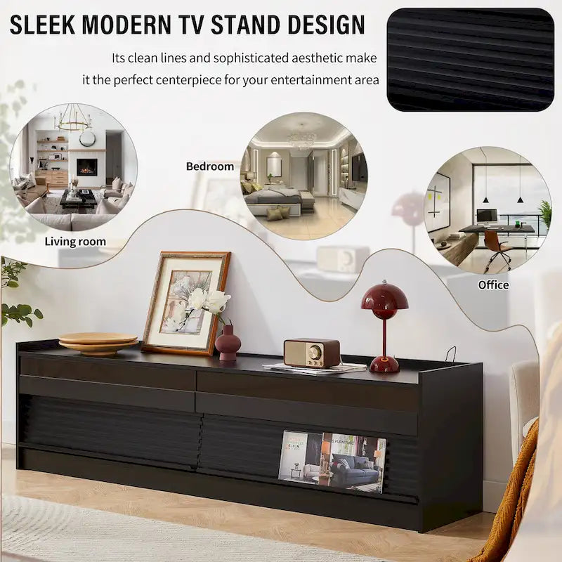 Modern TV Stand with Drawers Design and Built-in Charging Ports and Ambient LED Lighting