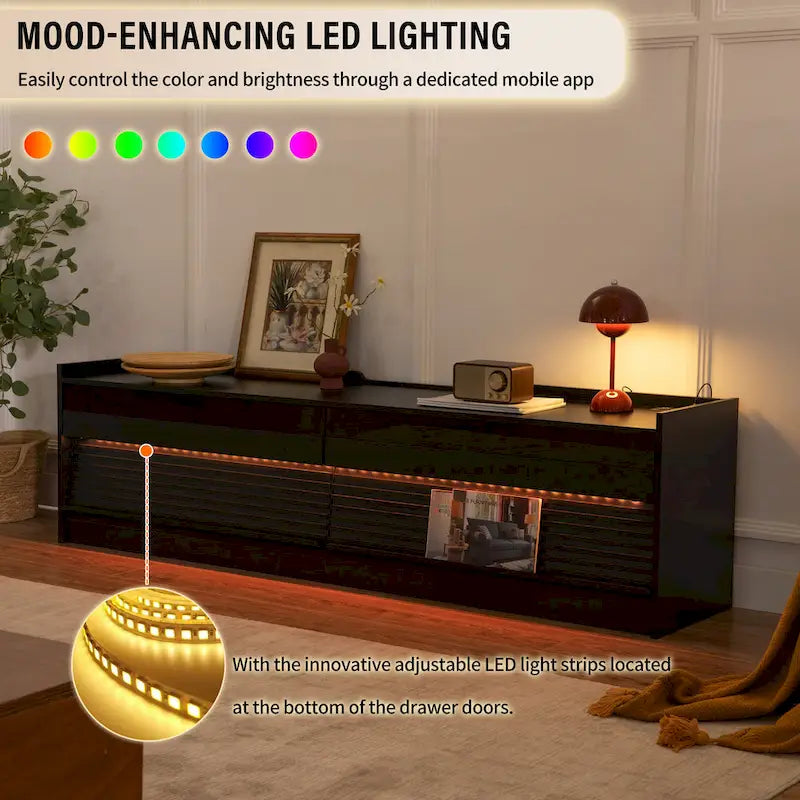 Modern TV Stand with Drawers Design and Built-in Charging Ports and Ambient LED Lighting