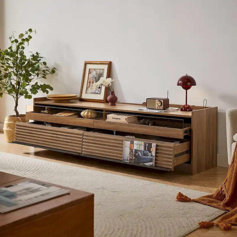 Modern TV Stand with Drawers Design and Built-in Charging Ports and Ambient LED Lighting