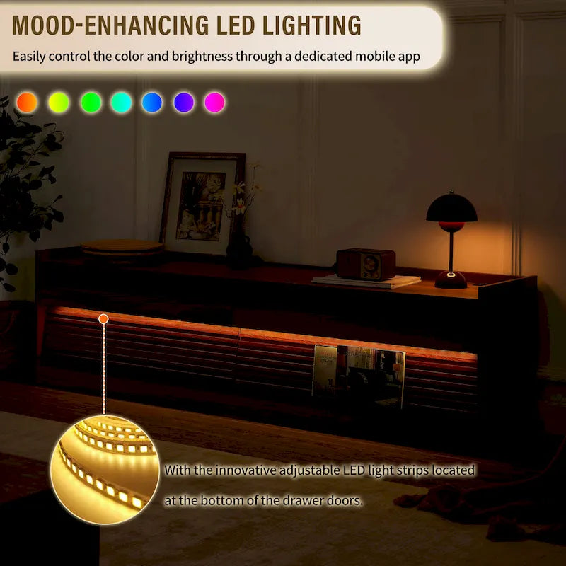 Modern TV Stand with Drawers Design and Built-in Charging Ports and Ambient LED Lighting