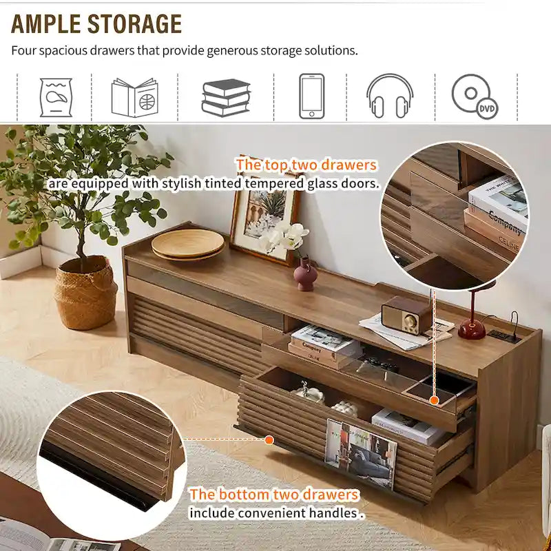 Modern TV Stand with Drawers Design and Built-in Charging Ports and Ambient LED Lighting