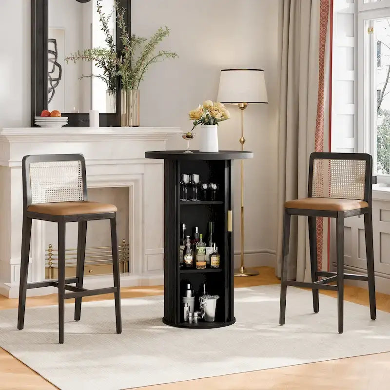 Small Tambour Dining Table with Three-Layer Storage Shelf, 36  Tall Round Bar Table - N/A