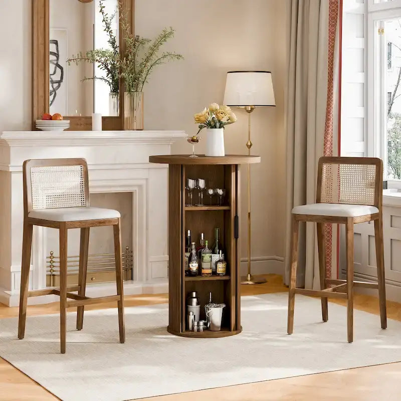 Small Tambour Dining Table with Three-Layer Storage Shelf, 36  Tall Round Bar Table - N/A