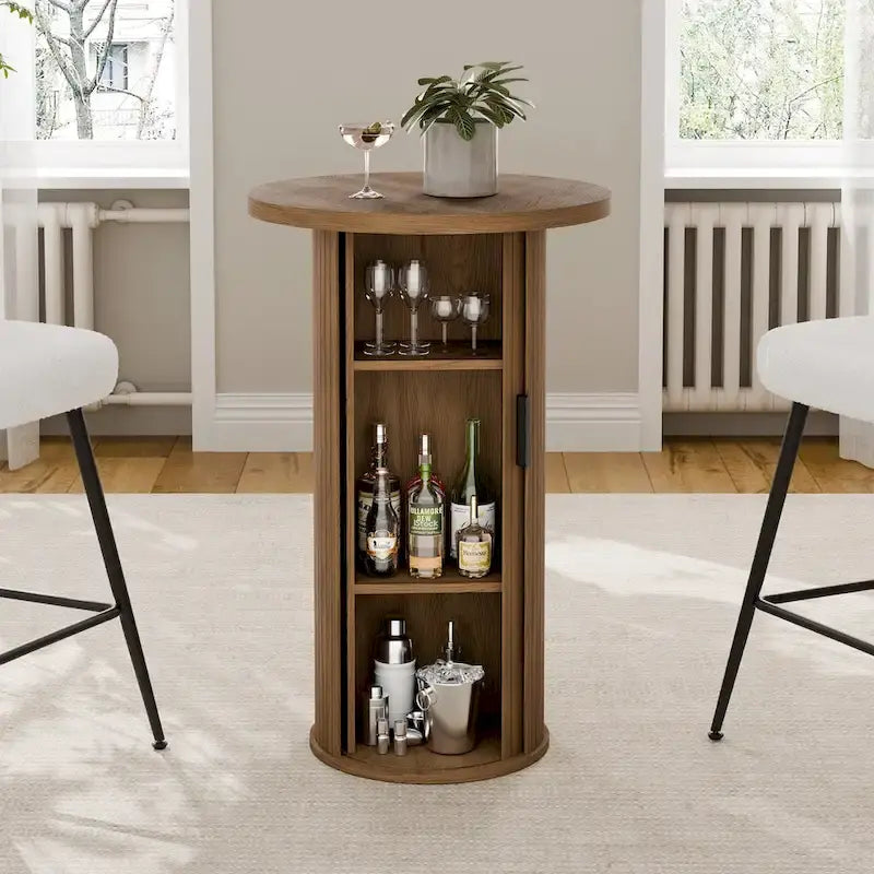 Small Tambour Dining Table with Three-Layer Storage Shelf, 36  Tall Round Bar Table - N/A