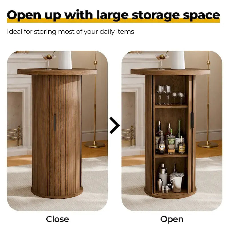 Small Tambour Dining Table with Three-Layer Storage Shelf, 36  Tall Round Bar Table - N/A