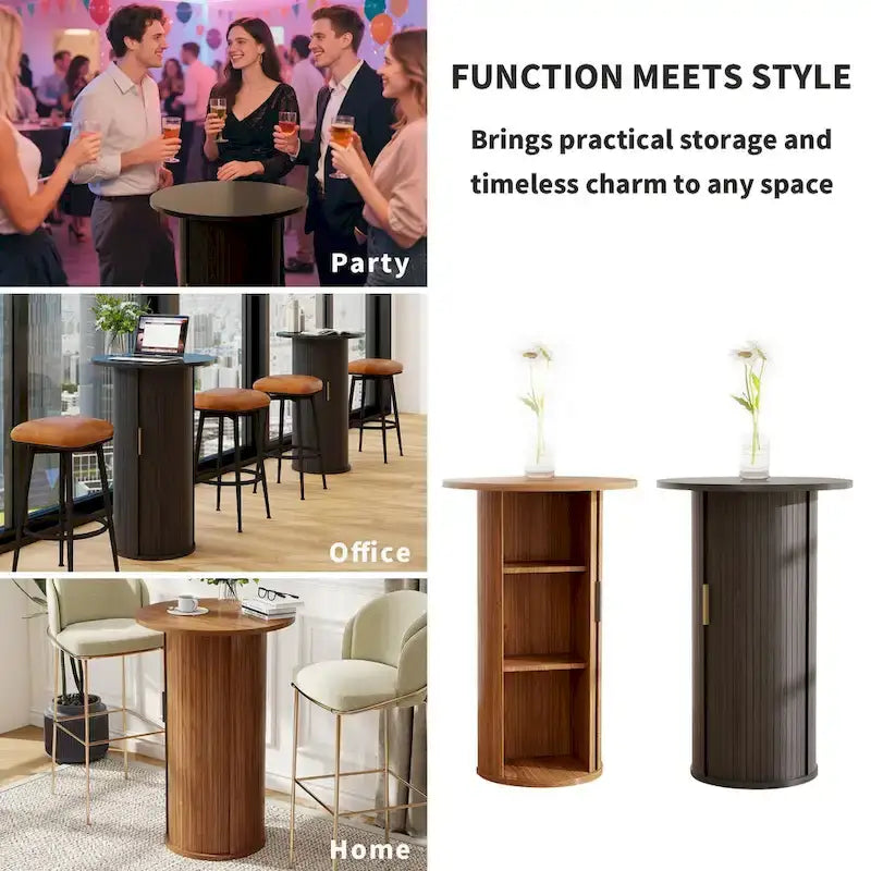 Small Tambour Dining Table with Three-Layer Storage Shelf, 36  Tall Round Bar Table - N/A