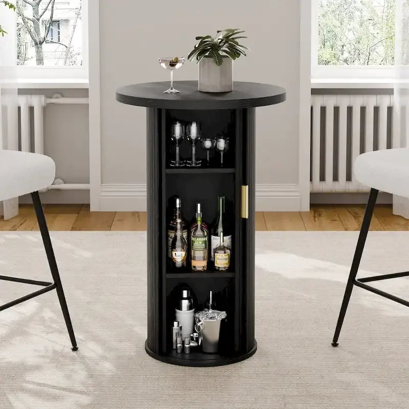 Small Tambour Dining Table with Three-Layer Storage Shelf, 36  Tall Round Bar Table - N/A