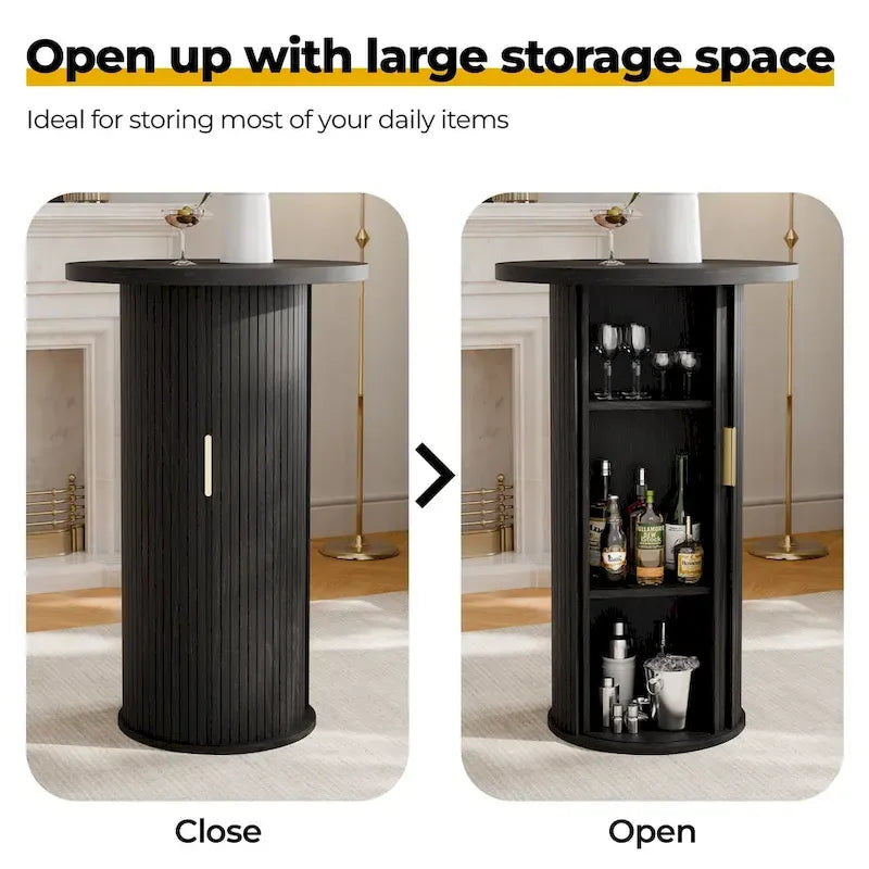 Small Tambour Dining Table with Three-Layer Storage Shelf, 36  Tall Round Bar Table - N/A