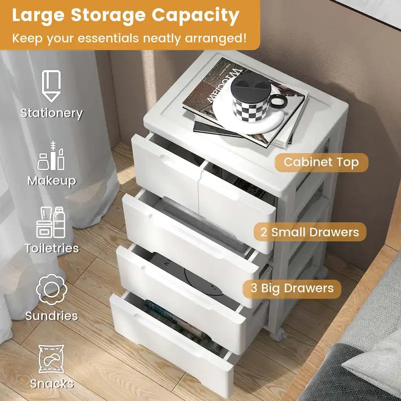 Costway 1 PCS 5-Drawer Plastic Rolling Storage Cart with 4 Universal - See Details