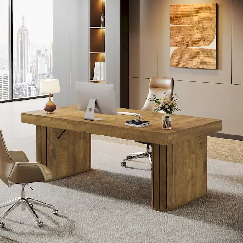 70.9  Executive Desk, Farmhouse Computer Desk, Large Workstation for Home Office, Brown