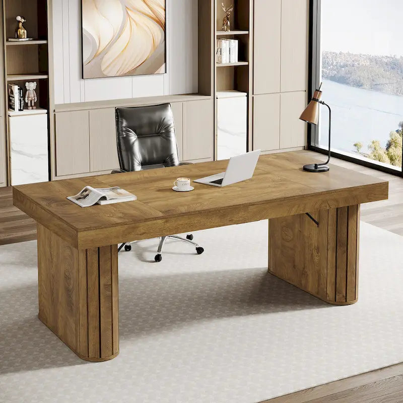 70.9  Executive Desk, Farmhouse Computer Desk, Large Workstation for Home Office, Brown