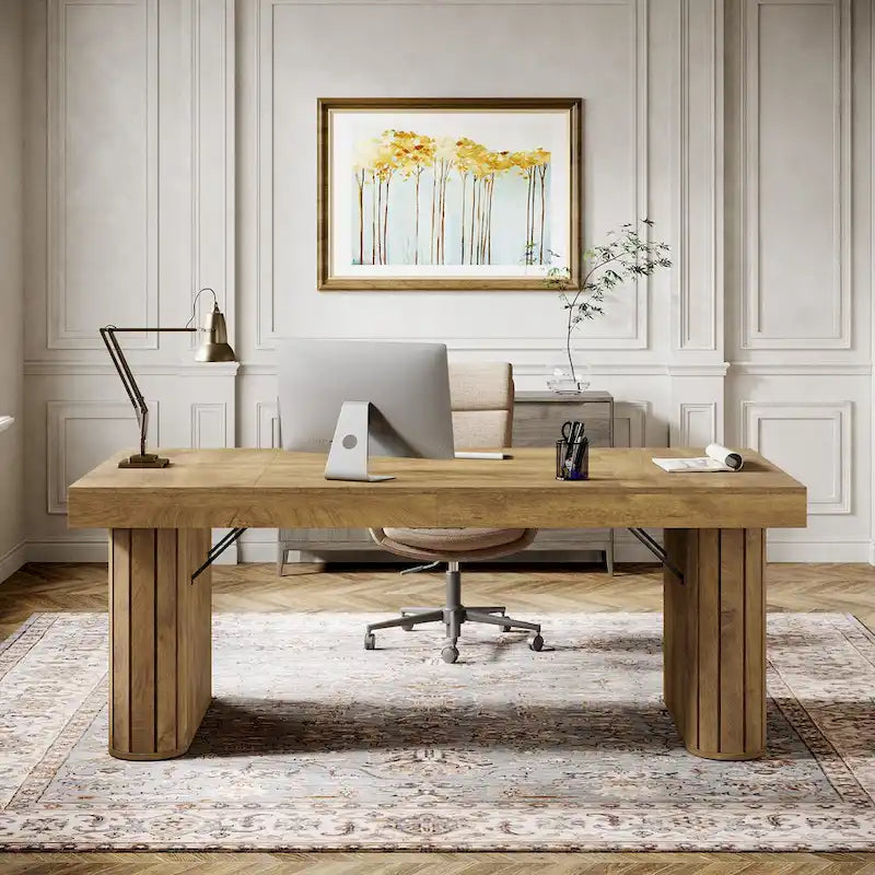 70.9  Executive Desk, Farmhouse Computer Desk, Large Workstation for Home Office, Brown