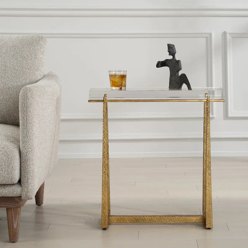 Thick Crystal Top End Accent Table - 24  - Antique Gold