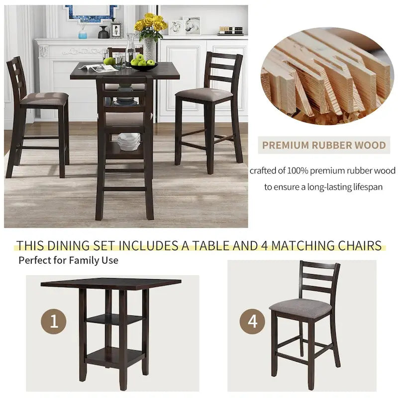 5-Piece Wooden Counter Height Dining Set Kitchen Bar Dining Table Sets with Padded Chairs and Storage Shelving for Kitchen