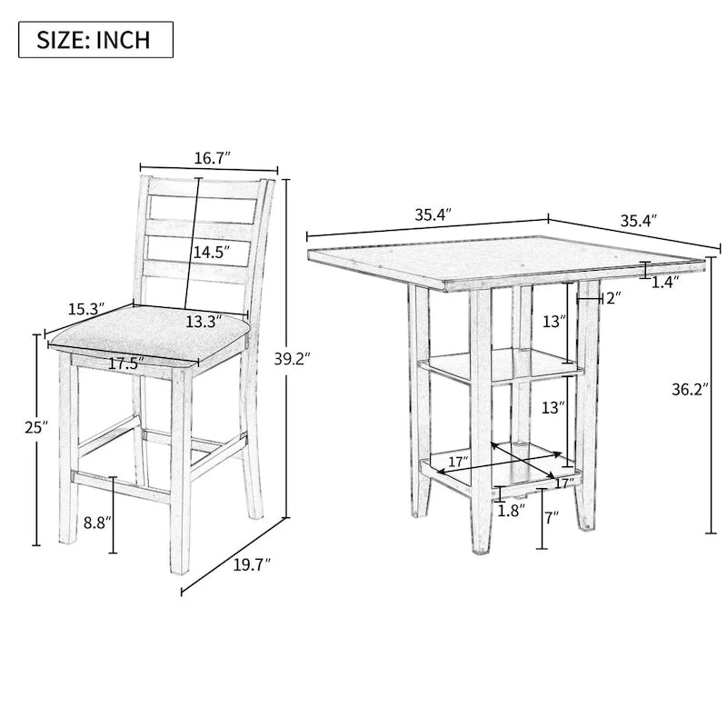 5-Piece Wooden Counter Height Dining Set Kitchen Bar Dining Table Sets with Padded Chairs and Storage Shelving for Kitchen