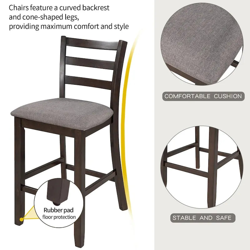 5-Piece Wooden Counter Height Dining Set Kitchen Bar Dining Table Sets with Padded Chairs and Storage Shelving for Kitchen