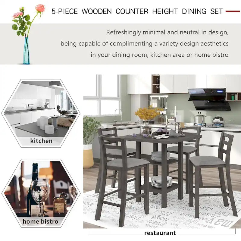 5-Piece Wooden Counter Height Dining Set Kitchen Bar Dining Table Sets with Padded Chairs and Storage Shelving for Kitchen