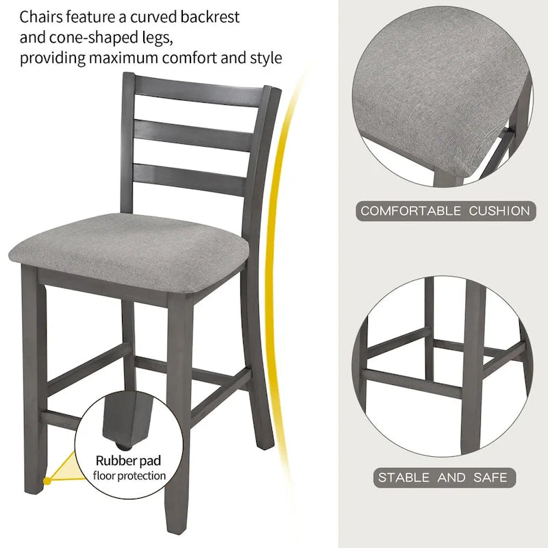 5-Piece Wooden Counter Height Dining Set Kitchen Bar Dining Table Sets with Padded Chairs and Storage Shelving for Kitchen