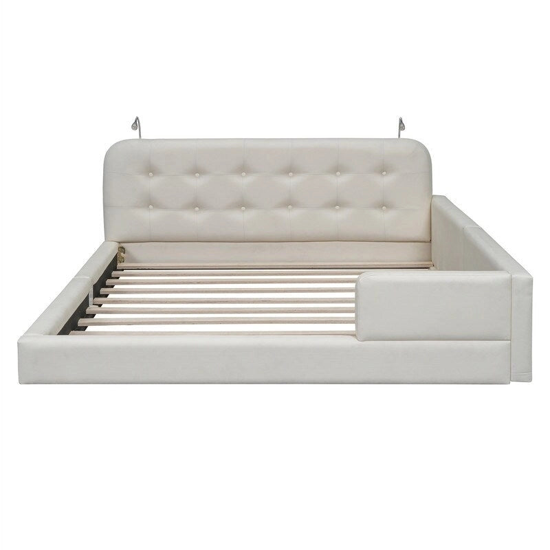 Upholstered Platform Bed with 2 Bulit-in Reading Lights, Queen Size PU Bed Frame Floor Bed with Button Tufted Design Headboard