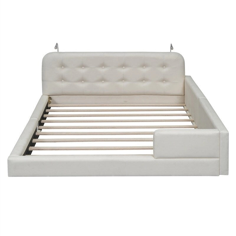 Upholstered Platform Bed with 2 Bulit-in Reading Lights, Queen Size PU Bed Frame Floor Bed with Button Tufted Design Headboard