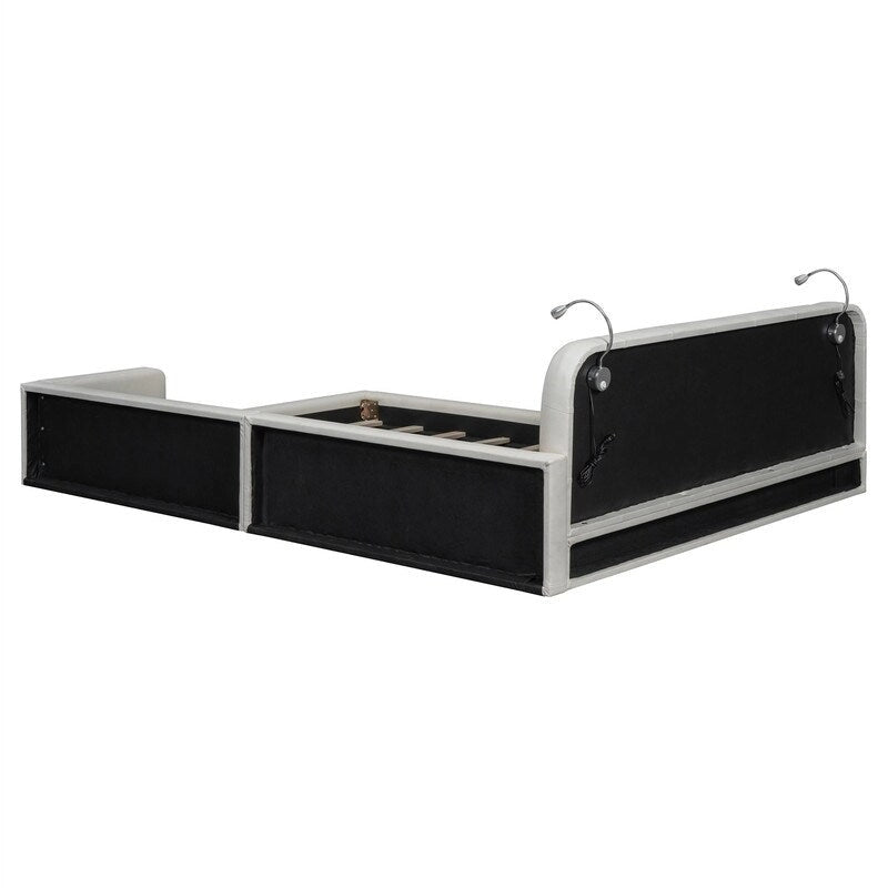 Upholstered Platform Bed with 2 Bulit-in Reading Lights, Queen Size PU Bed Frame Floor Bed with Button Tufted Design Headboard