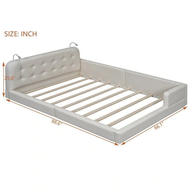 Upholstered Platform Bed with 2 Bulit-in Reading Lights, Queen Size PU Bed Frame Floor Bed with Button Tufted Design Headboard
