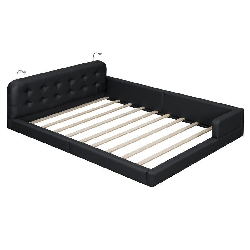 Upholstered Platform Bed with 2 Bulit-in Reading Lights, Queen Size PU Bed Frame Floor Bed with Button Tufted Design Headboard