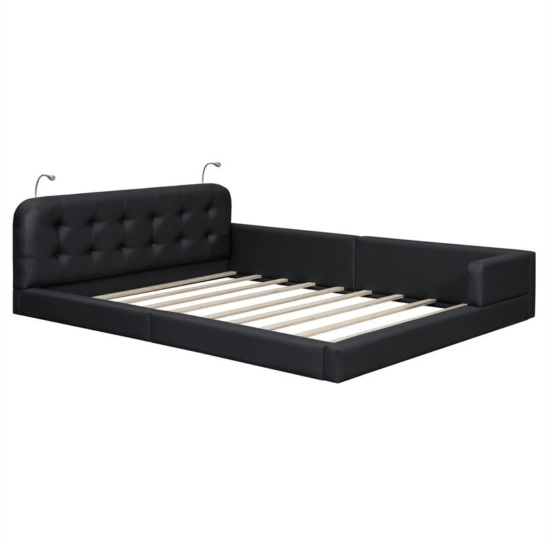 Upholstered Platform Bed with 2 Bulit-in Reading Lights, Queen Size PU Bed Frame Floor Bed with Button Tufted Design Headboard