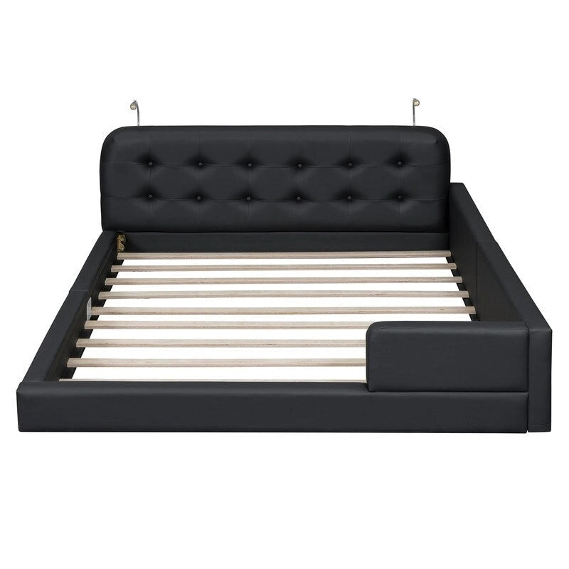 Upholstered Platform Bed with 2 Bulit-in Reading Lights, Queen Size PU Bed Frame Floor Bed with Button Tufted Design Headboard