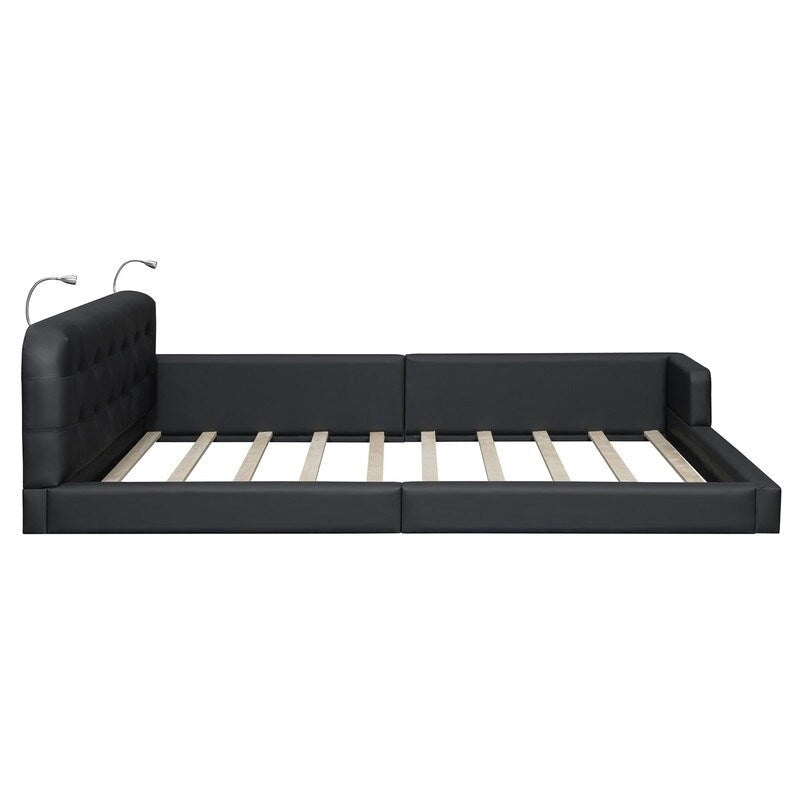Upholstered Platform Bed with 2 Bulit-in Reading Lights, Queen Size PU Bed Frame Floor Bed with Button Tufted Design Headboard