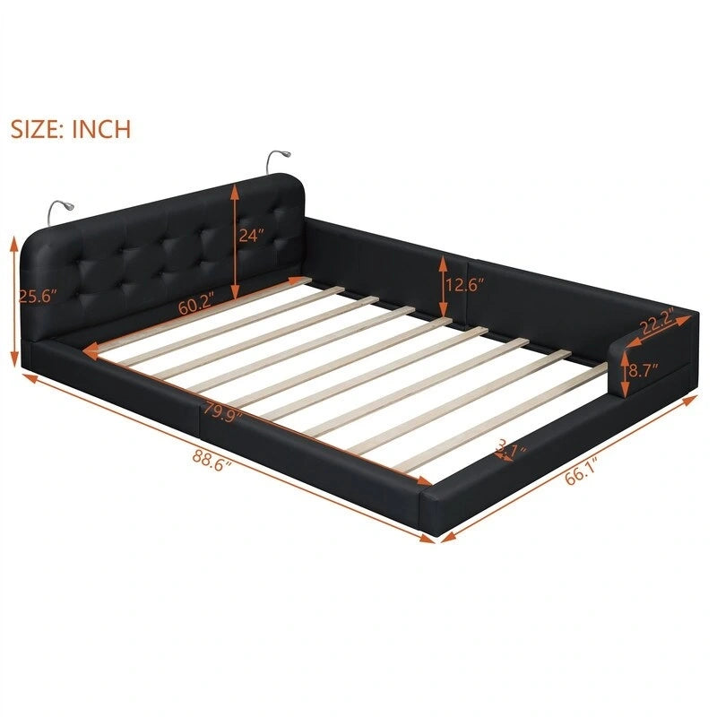 Upholstered Platform Bed with 2 Bulit-in Reading Lights, Queen Size PU Bed Frame Floor Bed with Button Tufted Design Headboard
