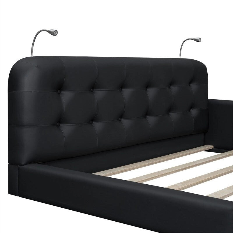 Upholstered Platform Bed with 2 Bulit-in Reading Lights, Queen Size PU Bed Frame Floor Bed with Button Tufted Design Headboard