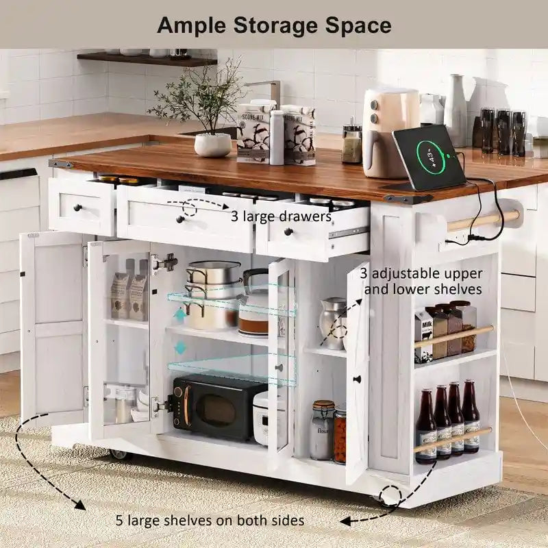 Kitchen Island w/Drop Leaf, 3 Drawers & 5 Open Side Racks, Rolling Kitchen Cart w/ 2 Tempered Glass Cabinet Doors & Power Outlet