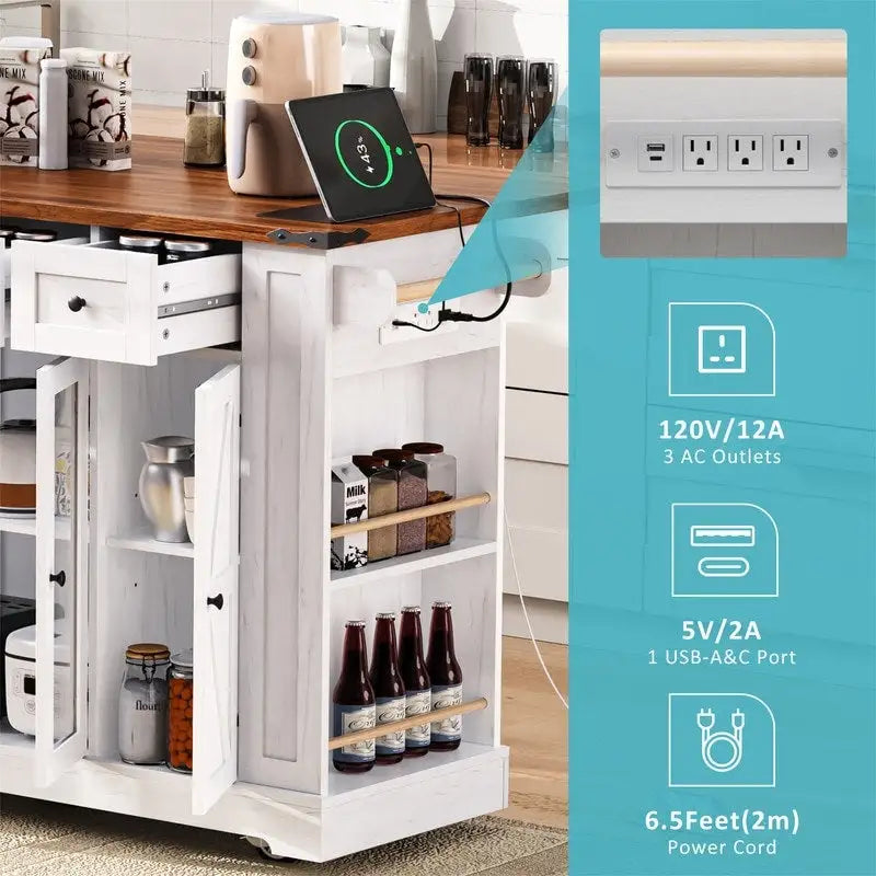 Kitchen Island w/Drop Leaf, 3 Drawers & 5 Open Side Racks, Rolling Kitchen Cart w/ 2 Tempered Glass Cabinet Doors & Power Outlet