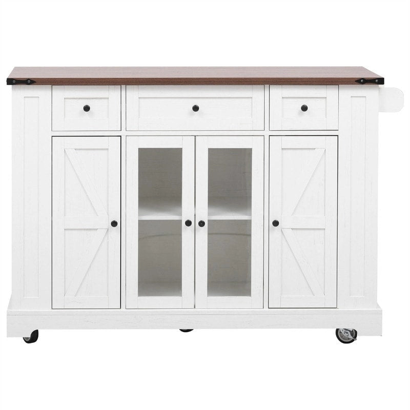 Kitchen Island w/Drop Leaf, 3 Drawers & 5 Open Side Racks, Rolling Kitchen Cart w/ 2 Tempered Glass Cabinet Doors & Power Outlet