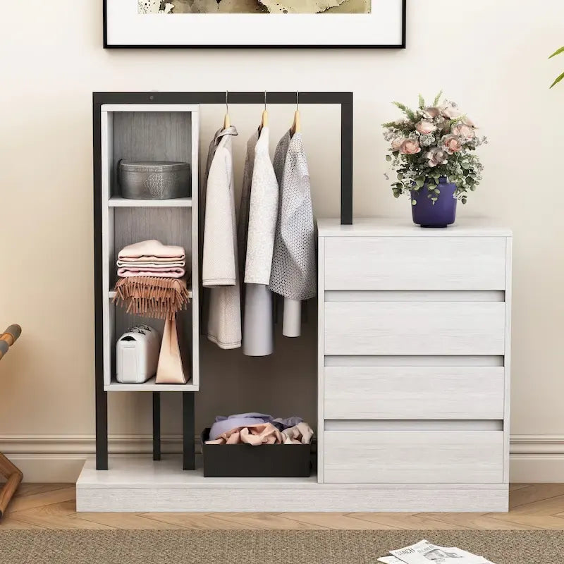 Open Wardrobe Closet with 4 Drawers, 3 Shelves & Hanging Rod Freestanding Wooden Armoire Closet for Bedroom