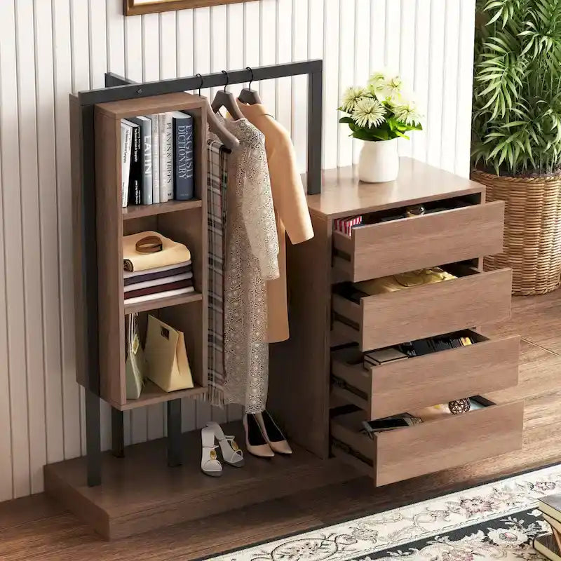 Open Wardrobe Closet with 4 Drawers, 3 Shelves & Hanging Rod Freestanding Wooden Armoire Closet for Bedroom