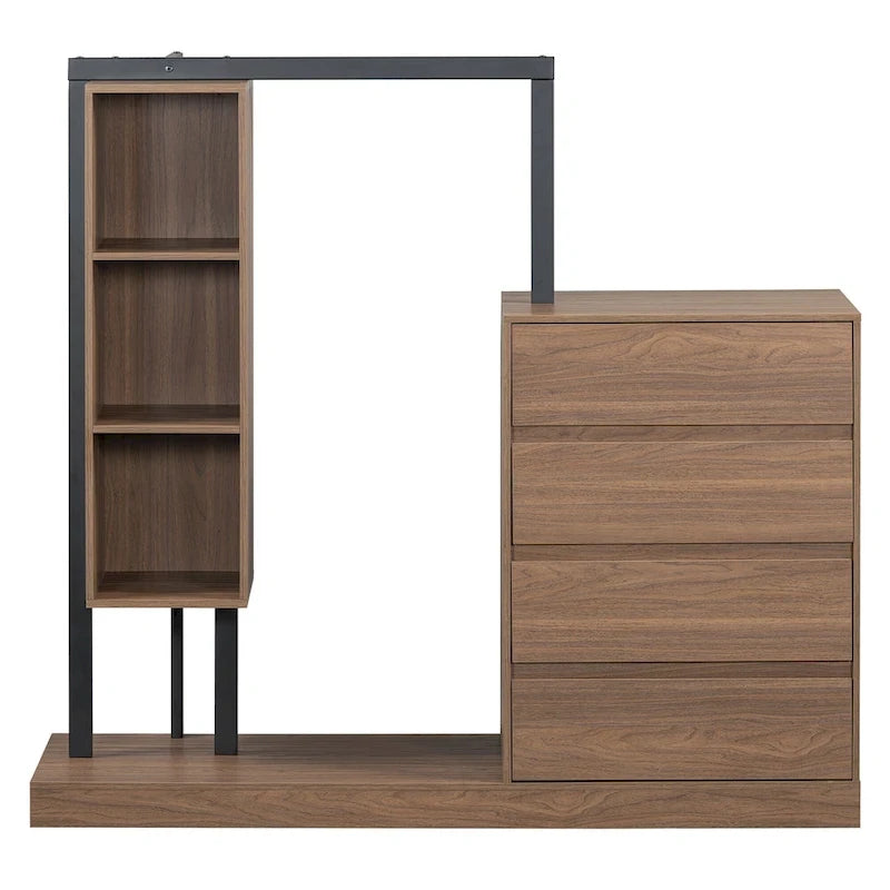 Open Wardrobe Closet with 4 Drawers, 3 Shelves & Hanging Rod Freestanding Wooden Armoire Closet for Bedroom