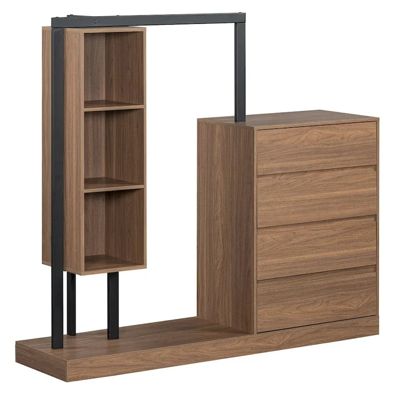 Open Wardrobe Closet with 4 Drawers, 3 Shelves & Hanging Rod Freestanding Wooden Armoire Closet for Bedroom