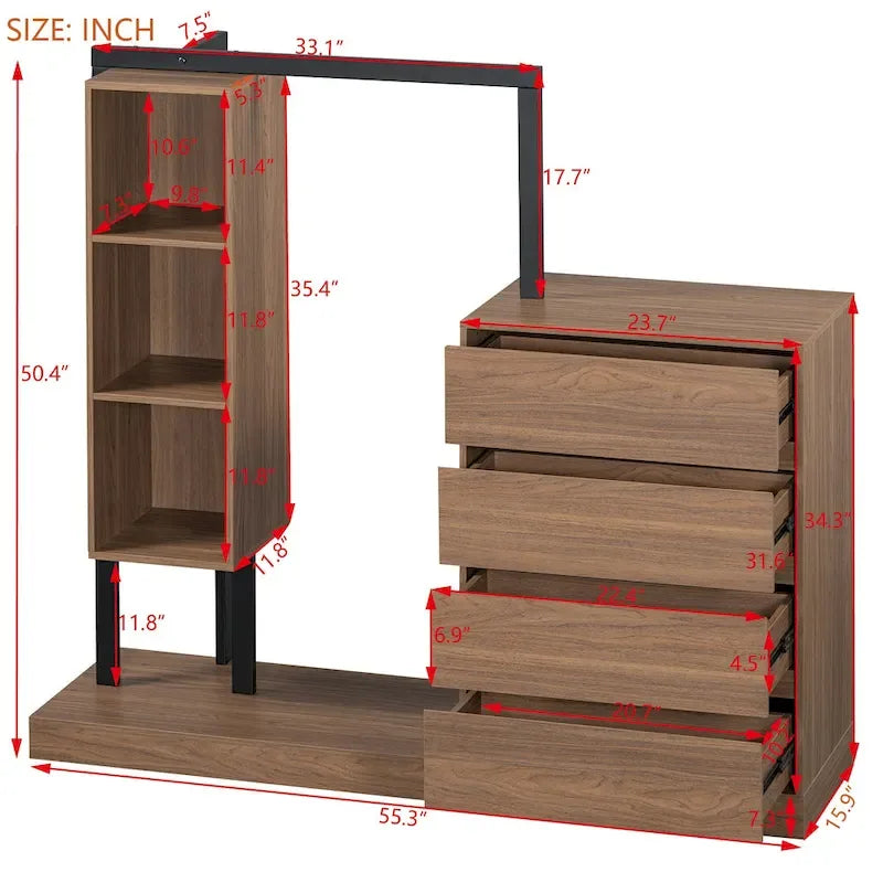 Open Wardrobe Closet with 4 Drawers, 3 Shelves & Hanging Rod Freestanding Wooden Armoire Closet for Bedroom