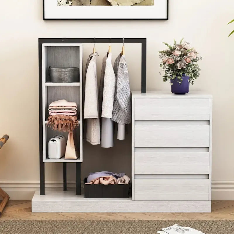 Open Wardrobe Closet with 4 Drawers, 3 Shelves & Hanging Rod Freestanding Wooden Armoire Closet for Bedroom