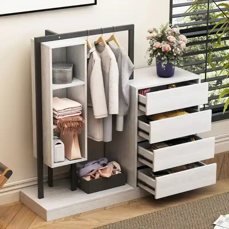 Open Wardrobe Closet with 4 Drawers, 3 Shelves & Hanging Rod Freestanding Wooden Armoire Closet for Bedroom